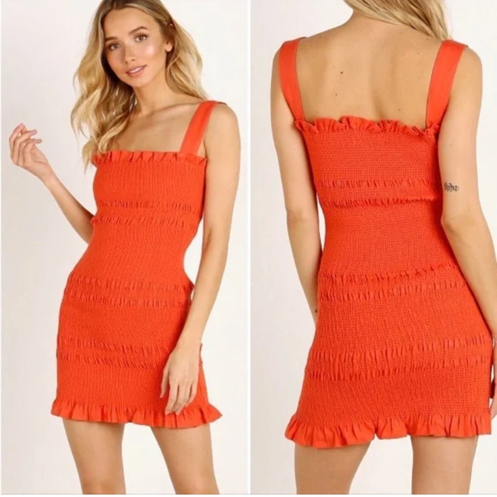 Capulet Viviane Linen Orange Red Smocked Ruffle Sleeveless Stretchy Mini Dress L